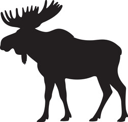 Black silhouette of a large moose with wide antlers on white background animal wildlife