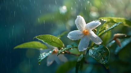 White flower petals covered in rain drops with soft sunlight water droplets