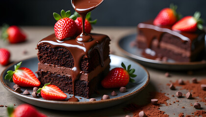chocolate cake with strawberries on white background