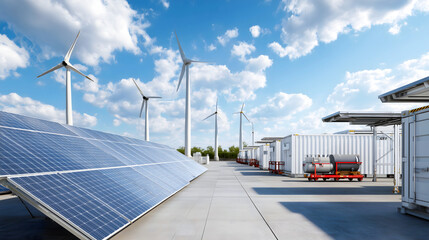 Innovative Renewable Energy Installation Featuring Solar Panels and Wind Turbines