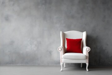 White wingback armchair with red cushion against textured gray wall and concrete floor furniture interior