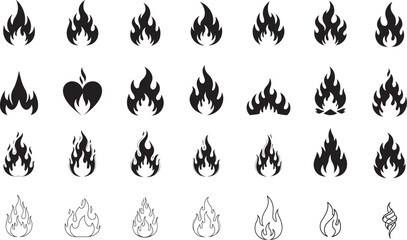 Fire Flame Silhouette Icon Set. Burning Fire and Campfire Vectors.