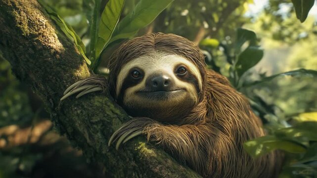 Smiling brown-nosed sloth resting in tropical forest