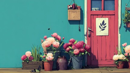 Pink tulips, a warm welcome at the doorstep, Mother's Day banner template, perspective view with clear brightness