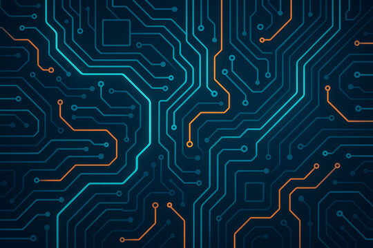 Abstract Technology Background with Circuit Board Lines and Connections in Blue and Orange