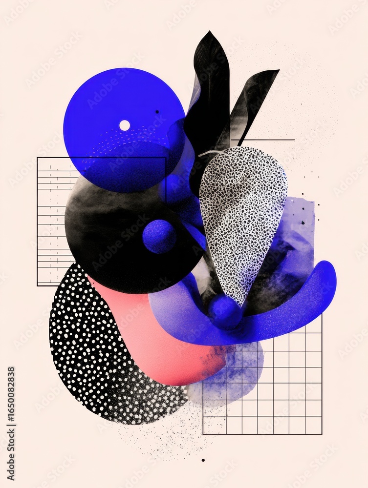 Poster colorful abstract composition featuring geometric shapes and textured elements on a light background