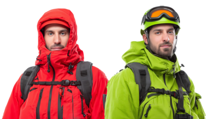 Two men wearing winter jackets and backpacks