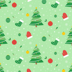 Seamless Christmas pattern.X'mas repeat pattern with trees, snowflakes, stocking, glove, balls and holly leaves isolated on light green background.Joyful festive season, cute winter background.
