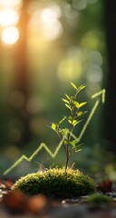 Young Green Plant Growing on Moss with Upward Trend Arrow in Sunlight growth seedling
