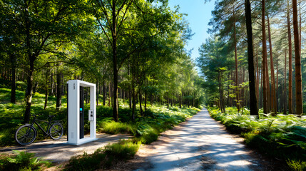 Modern Bicycle Repair Station in Lush Forest Pathway Under Bright Sunlight