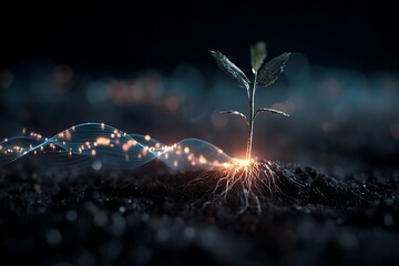 Young plant with glowing roots and digital data stream in dark soil seedling growth