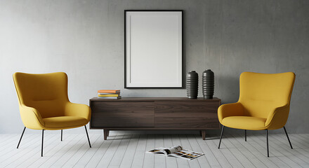 Modern living room interior with cozy yellow armchairs and a sleek wooden console. Blank white frame on concrete wall creates a clean, contemporary design.