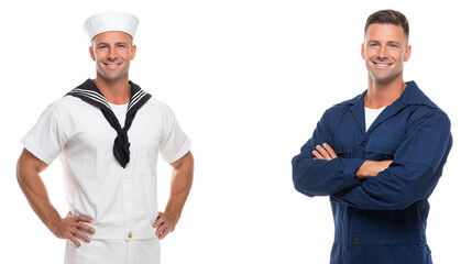 Two men, one in sailor attire, one in coveralls