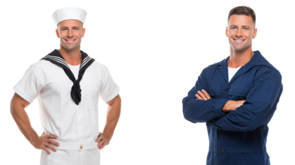 Two men, one in sailor attire, one in coveralls