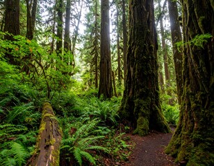 Obraz premium Exploring a verdant temperate rainforest with moss covered old growth trees