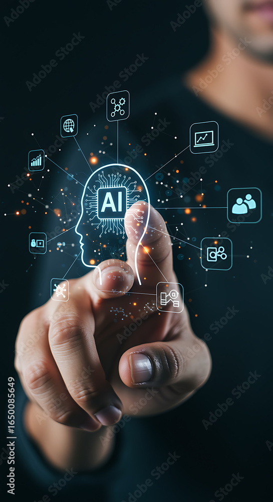 Aufkleber ai brain network concept - digital neural network with futuristic icons and glowing particles