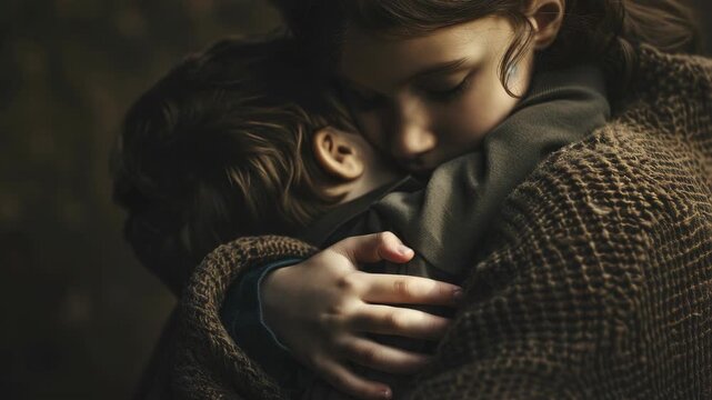 Two children, a boy and girl, hug each other in a tender moment. Both are dressed in tattered clothes, suggesting hardship or wartime.