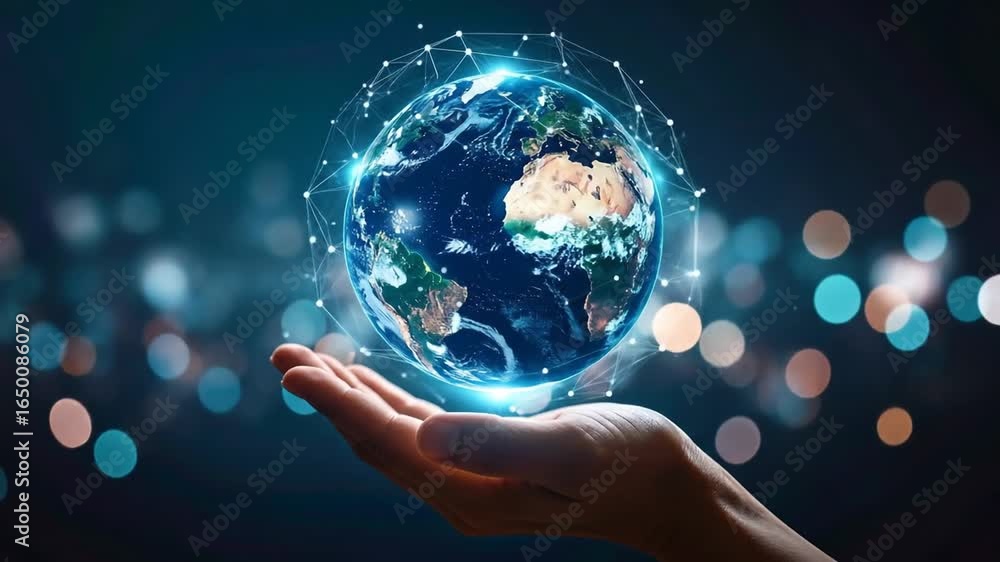 Poster hand holding earth with network connection with global networking, and and technology concept.