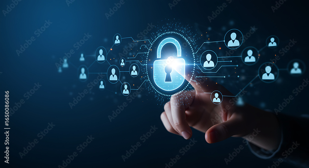 Poster cybersecurity technology concept for data protection and privacy. finger pressing a glowing padlock 