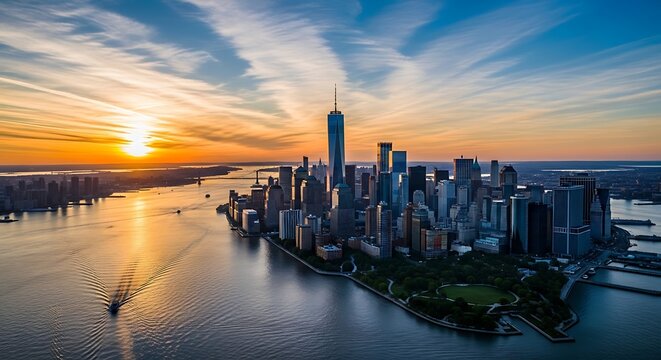 Breathtaking aerial view of the New York City skyline at sunset with river reflection - Powered by Adobe