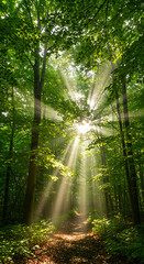 Obraz premium Ethereal sunbeams piercing through the lush green canopy of a serene forest, illuminating a tranquil path.
