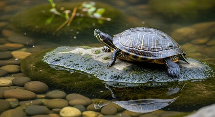 Obraz premium A tranquil turtle basking on a mossy rock surrounded by crystal clear water pond