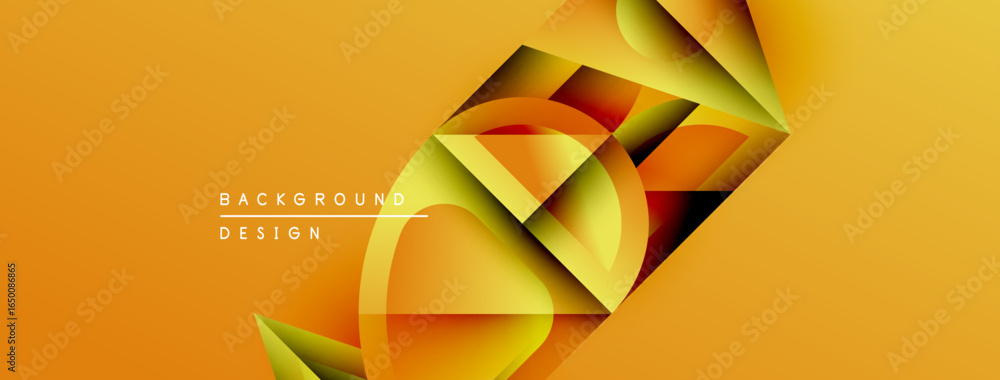 Poster abstract geometric shapes overlap, creating dynamic orange gradient background. modern design elemen