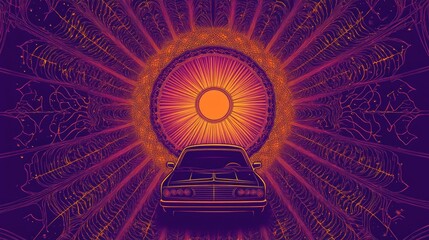 Obraz premium Car drives through mystical portal, cosmic background, album art