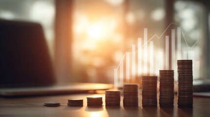 A warm-toned composition depicts increasing stacks of coins alongside a rising graph, symbolizing financial growth and investment success in a modern workspace.