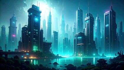 Futuristic Cityscape at Night, Neon Glow, Skyscrapers.