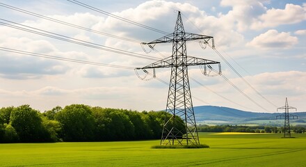 Electrical power lines and towers dominate a vibrant green field landscape with a scenic blue sky