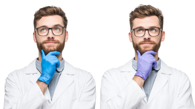 Two scientists pondering with gloves