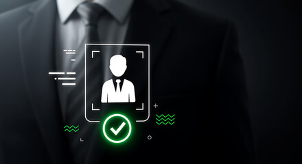 Businessman using a futuristic holographic interface for biometric facial recognition and identity verification.