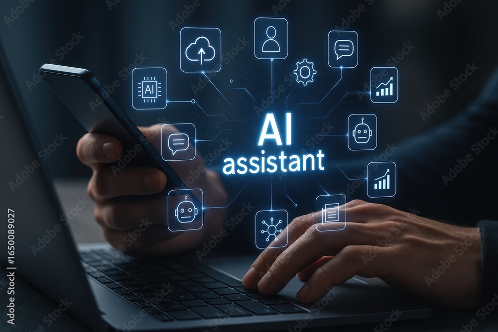 Poster person using a device with an overlay of artificial intelligence assistant icons.