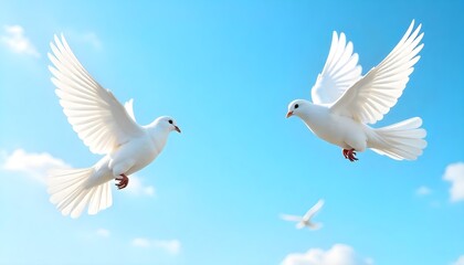 Two white doves with a peace sign soar through a blue sky, symbolizing harmony and hope for World Peace Day