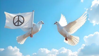 Fototapeta premium Two white doves soar in the sky, featuring a peace sign, representing peace, unity, and the spirit of World Peace Day