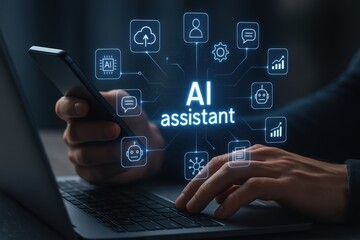 Person using a device with an overlay of artificial intelligence assistant icons.