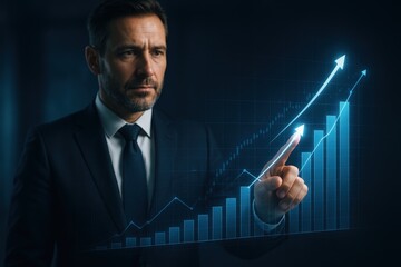 Businessman points to a graph showing upward trend.