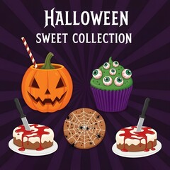 Halloween Delights A collection of spooky sweet treats featuring eerie cupcakes, bloody cakes, and festive pumpkin drinks for a ghoulish celebration.