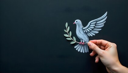 A hand sketches a dove holding an olive branch on a blackboard, representing peace and unity