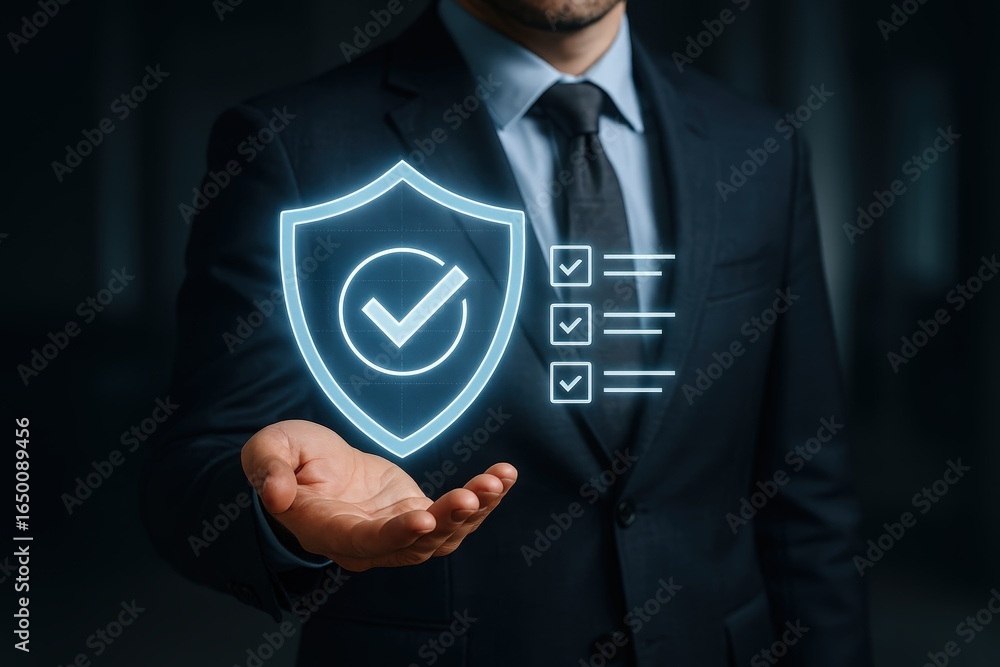 Aufkleber a person displaying a digital shield with checkmarks.