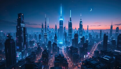 Fototapeta premium A futuristic cityscape at dusk, with a digital grid matrix of towering skyscrapers and neon-lit streets