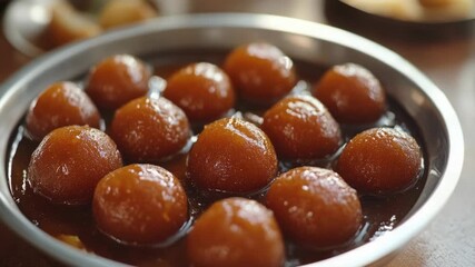 Close up of freshly made gulab jamun dessert, deep fried and glazed with sugar. A traditional Indian sweet treat.