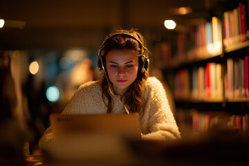 Biblioteca moderna, estudiante con auriculares y laptop, luz cálida