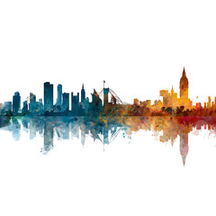 City Silhouette Reflection: Captivating cityscape, skyline with watercolor effect creating a unique reflection of buildings. This image captures the essence of an urban area.