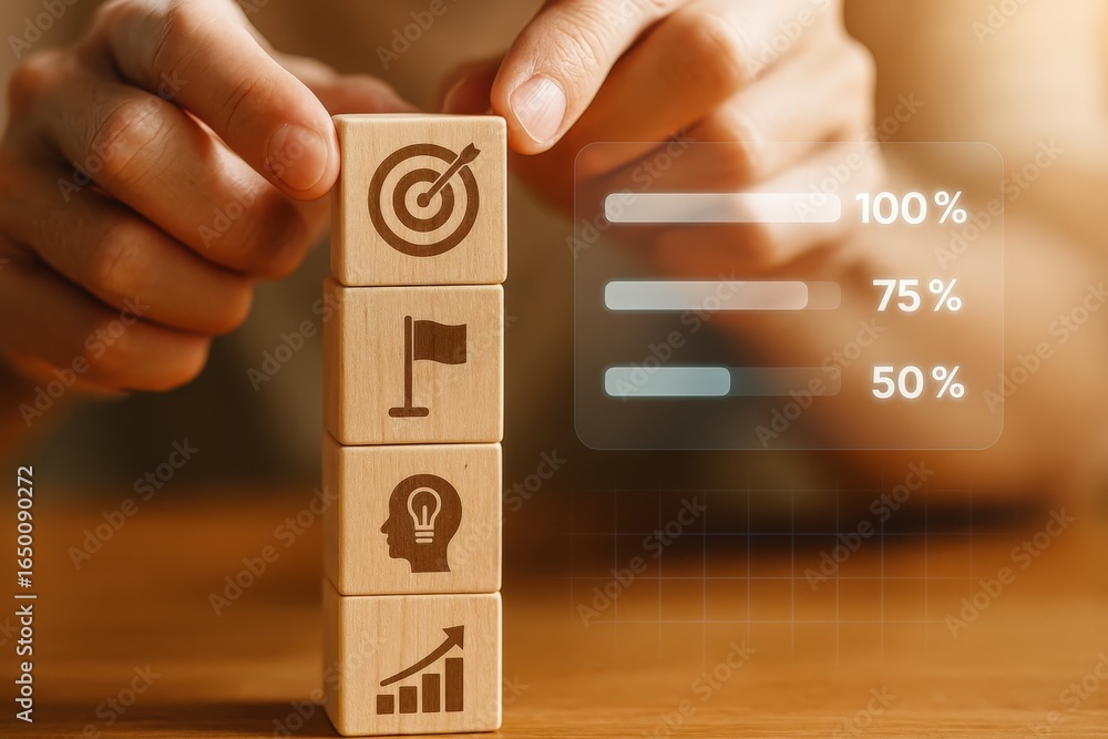 Poster wooden blocks with icons representing progress towards goals.