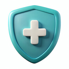 Obraz premium 3D Shield with White Plus Sign – Teal Healthcare Protection Icon, Cartoon Style Safety Symbol on White Background