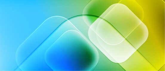 Abstract background features overlapping translucent squares. Colors transition from blue, green, to yellow. Smooth gradients create soft visual effect.
