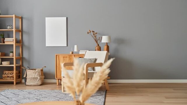 Living Room Interior with Gray Walls Wooden Furniture Light Parquet Floor Armchair Near Commode With Vase and Shelving Unit Against Grey Background