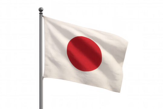 Japanese national flag fluttering softly, red rising sun symbol centered on white field, floating against transparent backdrop
